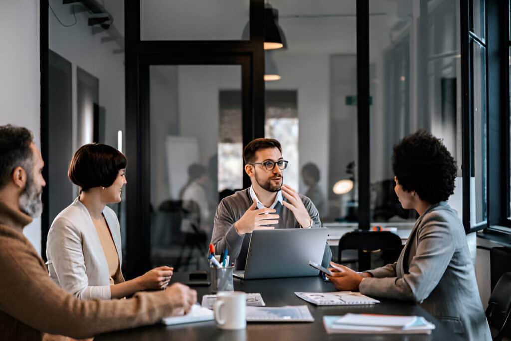 Business performance management team measuring and driving organizational success
